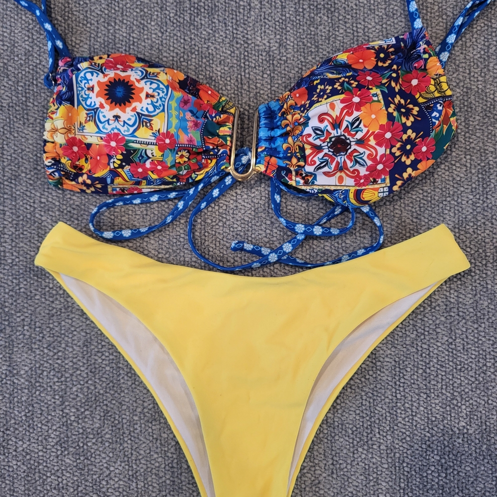 Floral Patchwork Bikini Set - Yellow and Multicolor
